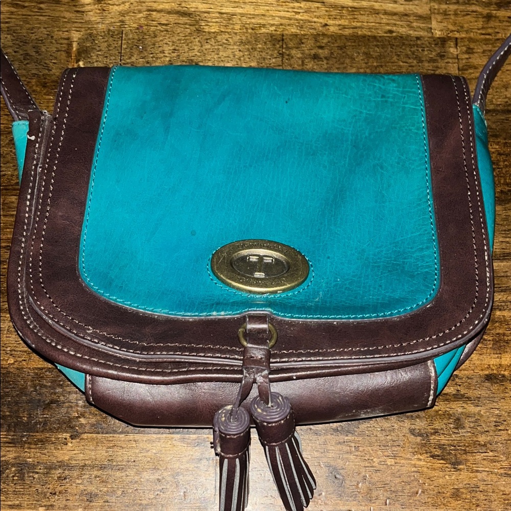 Tignanello Turquoise and Brown Leather Crossbody Bag